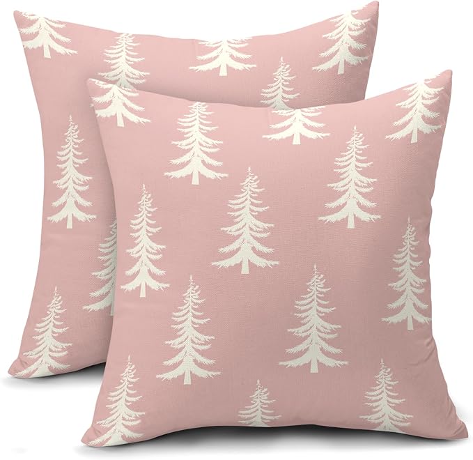 Christmas Pillow Covers 24X24 Inch Set of 2 Rustic Pink White Xmas Tree Decorative Pillow Cases Winter Holiday Cotton Linen Cushion Case Farmhouse Home Decor for Sofa Couch Bedroom