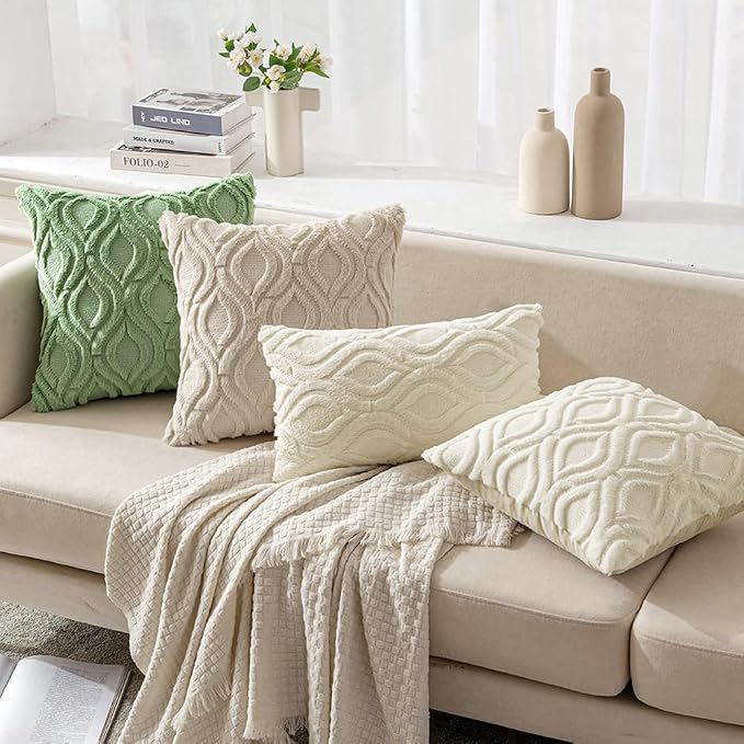 MIULEE Cream White Throw Pillow Covers 18x18 Inch, Soft Winter Plush Faux Wool Couch Pillow Covers Set of 2 Decorative Farmhouse Boho Throw Pillows for Sofa Living Room Bed | Set of 2, Farmhouse Boho Home Decor, Decorative Cushion Covers for Sofa, Livi...