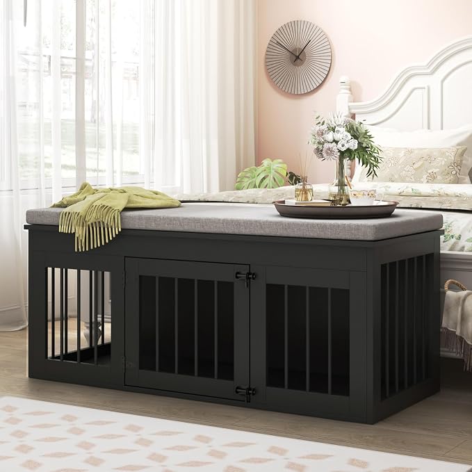 47.2" Large Dog Crate Furniture for Small Medium Dogs, Black | Indoor Furniture Style Wooden Dog Crate Kennel Cage House, End of Bed Bench Ottoman with Cushion,for Bedroom, Living Roome