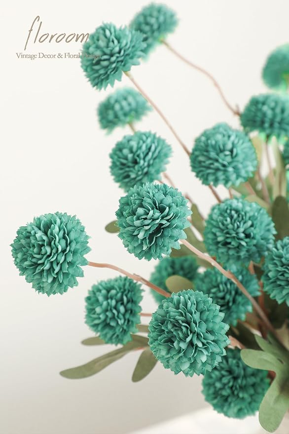 5pcs Teal Green Faux Silk Mums Artificial Flowers, Bulk Fake Small Mini Chrysanthemums with Stems for DIY Wedding Centerpieces Floral Arrangements Vase Fillers Home Decorations
