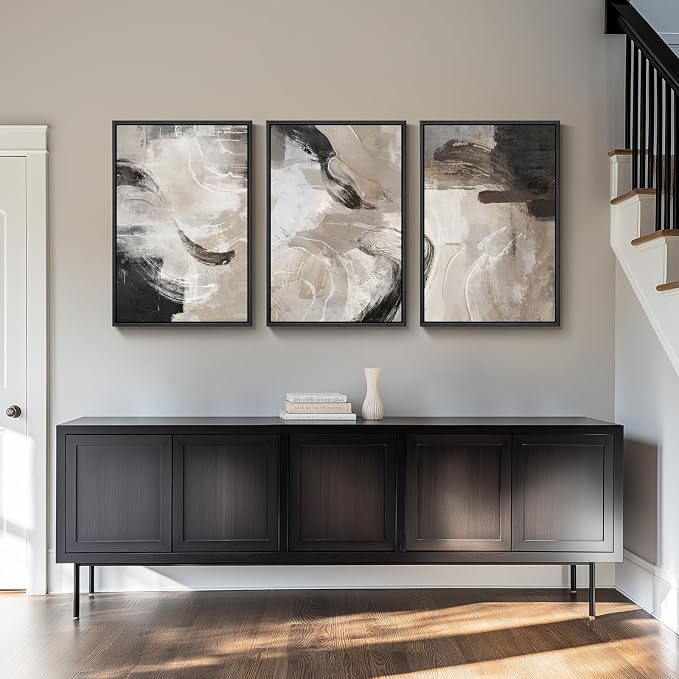Framed Neutral Abstract Wall Art, 3 Piece Modern Minimalist Canvas Prints Paintings Artwork for Walls, Black Beige Brown Neutral Tone Pictures for Living Room Dining Room Bedroom Wall Decor 16x24 In