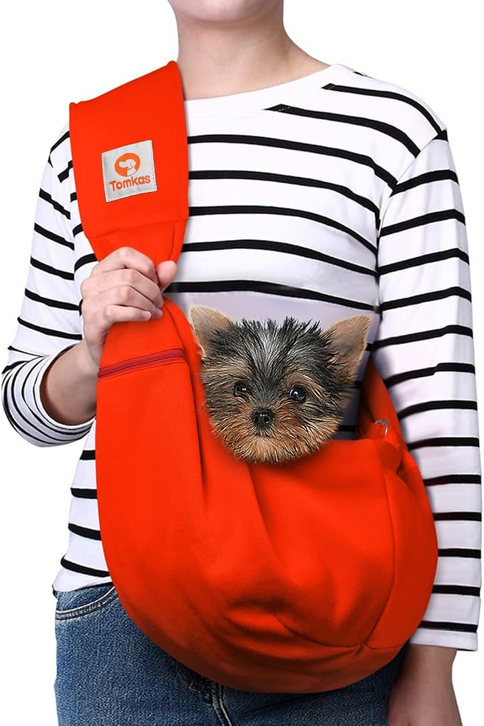 Tomkas Small Dog Cat Sling Carrier Puppy Purse Travel Wrap Soft Crossbody Pet Bag (Red, M - Zip Pocket & Classic Strap)