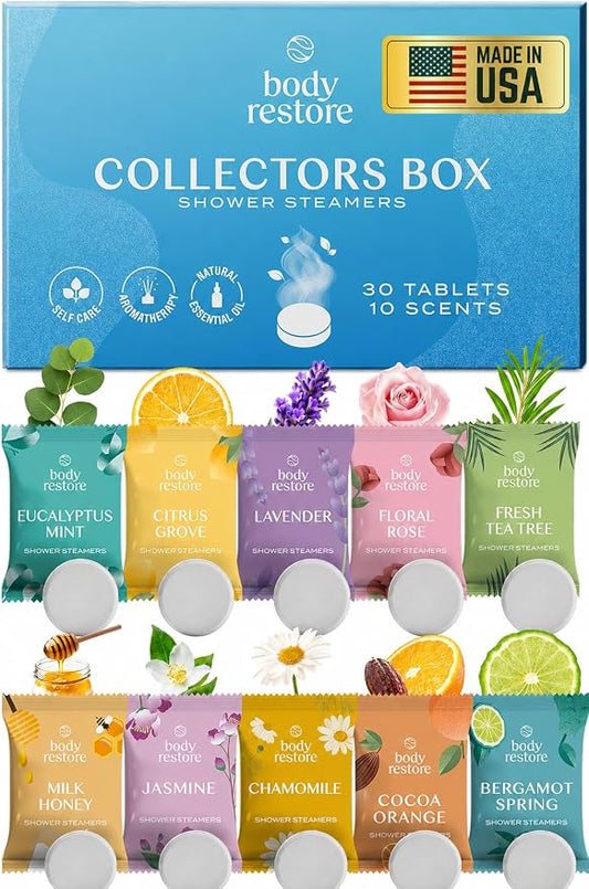 Body Restore Shower Steamers Aromatherapy 30 Pack – Fathers Day Gift for Dad, Birthday Gifts for Women & Men, Spa Stress Relief & Relaxation Self Care Gifts – Premium Collectors Box