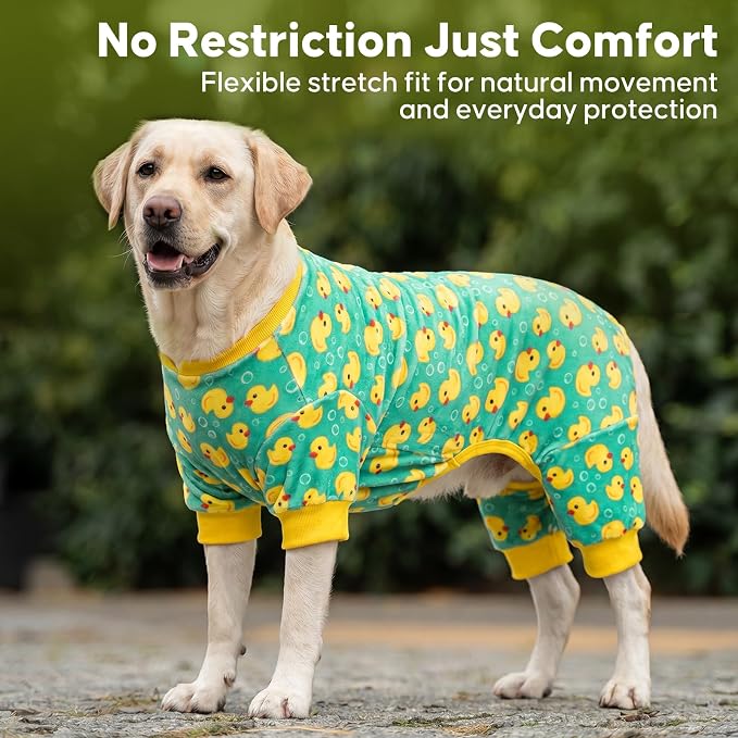 KYEESE Velvet Dog Pajamas for Medium Large Dogs Soft Onesie, Yellow Duck | 4-Way Stretch, Lightweight & Breathable, Reduces Shedding, Gentle on Sensitive Skin, Recovery Support, Easy Potty Breaks