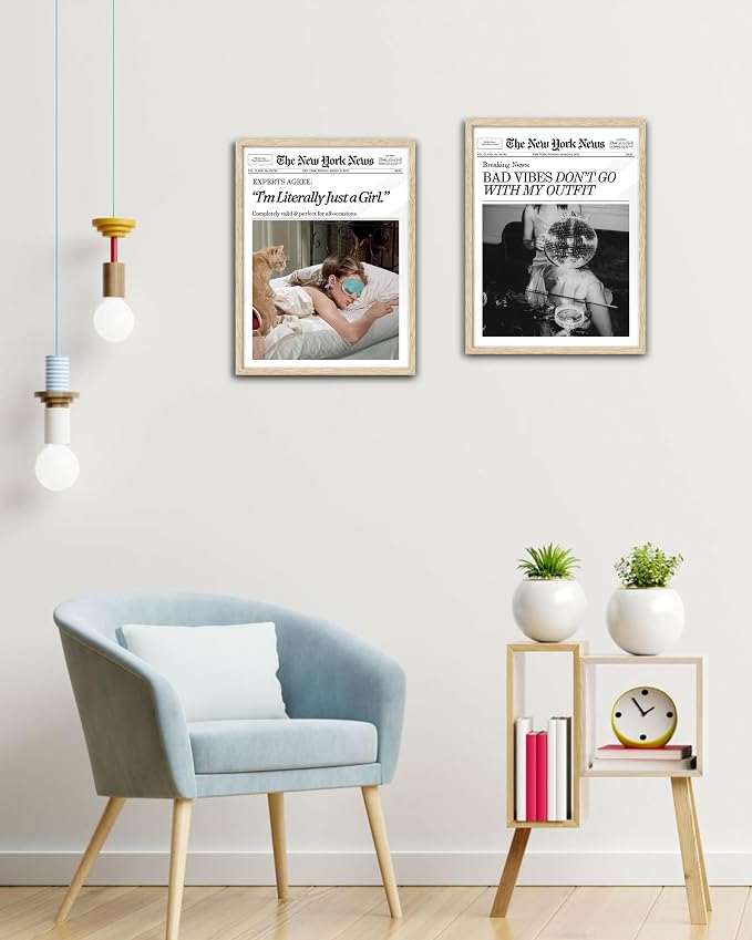 EcoHest Small 8x10 in Bad Vibes Don't Go With My Outfit Framed Wall Art | Natural Oak Wood Frame, Canvas Wall Art, Disco Fashion Newspaper Wall Decor for Bedroom, Apartment, Dorm, College Room, 1Pack