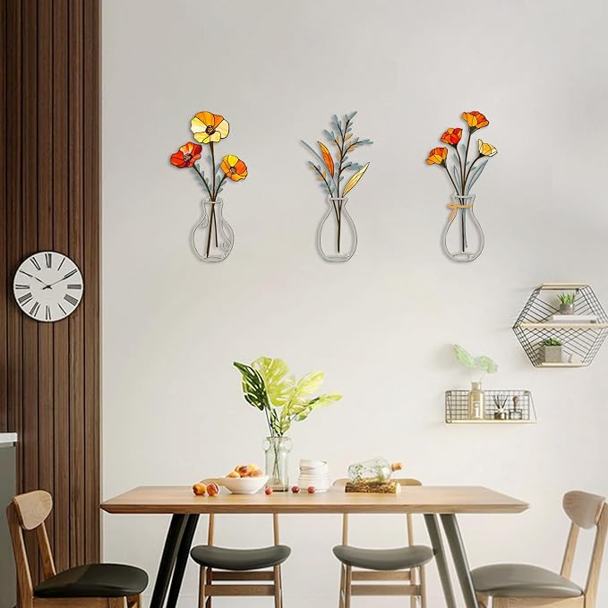 3 Pcs Metal Flowers Wall Arts,Yellow Metal Vase Wall Art,Iron Art Painting,Rustic Farmhouse Decor Minimalist Flower Decor for Bedroom Bathroom Living Room Dining Room(Yellow, Vase-C)