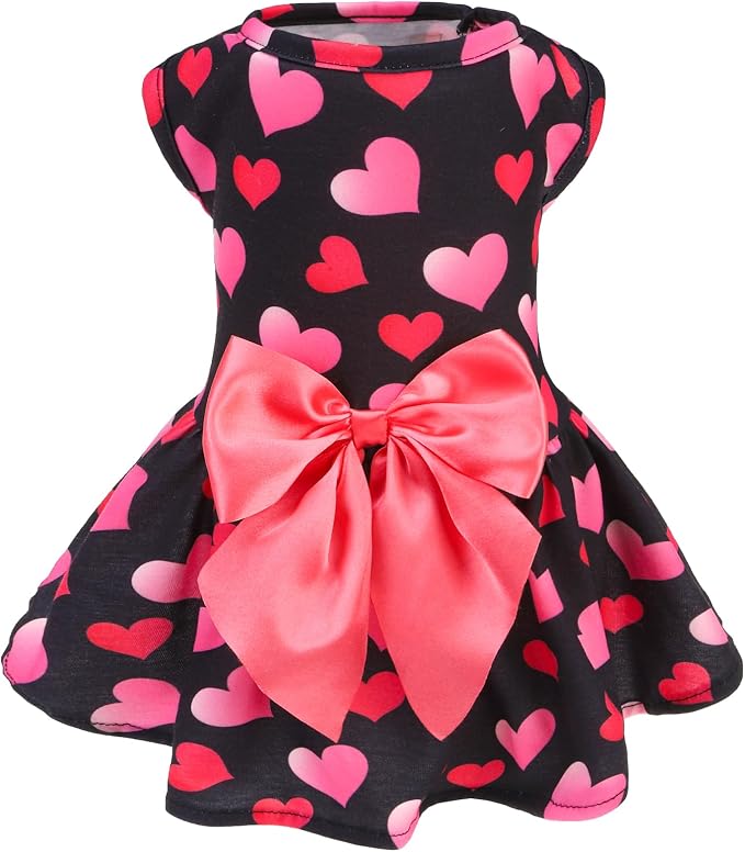PUPTECK Print Dog Spring Dress Pet Costumes Apparel with Cute Bowtie Puppy Clothes Outfit, Heart, XS