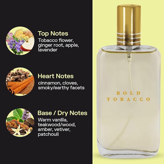 PB ParfumsBelcam Bold Tobacco Eau de Toilette Spray for Men – Warm Woody Spicy Scent with Tobacco Flower, Ginger, Cinnamon & Vanilla – Typically Lasts 3–6 Hours, Masculine Signature Scent, 3.4 fl oz
