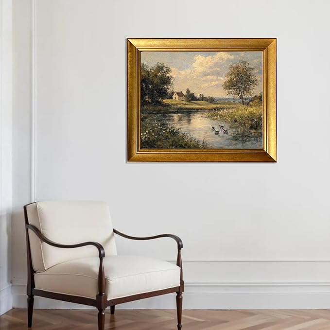 Gold Framed Vintage River Landscape Wall Art With Ducks Cottage Core Artwork Country Landscape Canvas Print for Living Room Bedroom Bathroom Decor