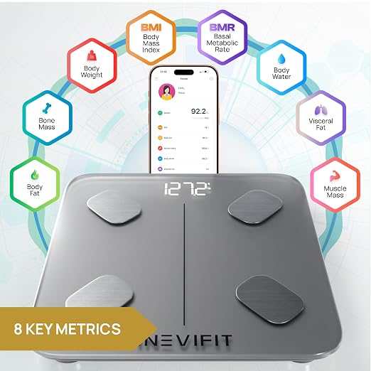 INEVIFIT Smart Body Fat Scale, Highly Accurate Bluetooth Digital Bathroom Body Composition Analyzer, Measures Weight, Body Fat, Water, Muscle, Visceral Fat & Bone Mass for Unlimited Users