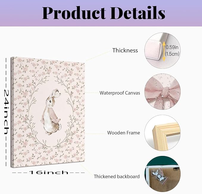 Baby Girl Nursery Wall Art Set of 3, Vintage Cottage Core Nursery Decor, Pink Bow Rabbit Goose Poster Print, Cute Floral Animal Canvas Pictures for Girls Room Kids Bedroom Framed 16x24 Inch