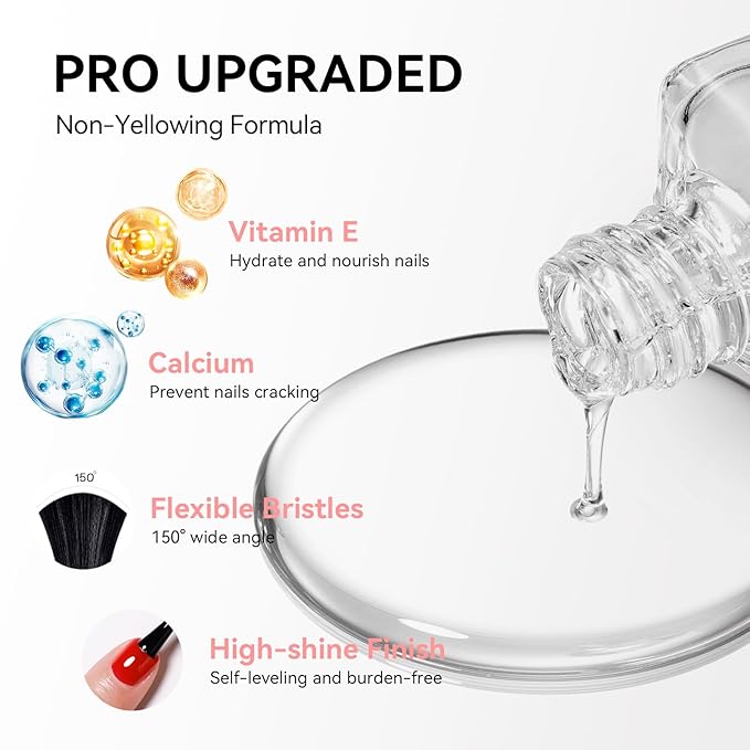 Clear Top Coat and Nude Base Coat Ridge Filler Strengthening Anti Chip Nail Polish, Non Gel, Rich in Castor Oil & Calcium, Salon Quality, Vegan, High Glossy Quick Dry Home DIY Nail Art Gift
