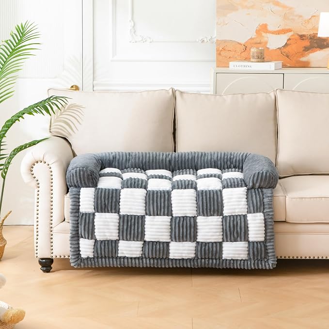 Dog Bed for Couch with Bolster, Comfy Couch Cover for Dogs Washable, Non-Slip Plush Furniture Protector, Calming Fuzzy Lounge Mat, Pet Sofa Accessories (Grey, Small)