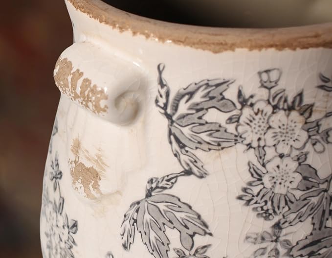 Rustic Farmhouse Ceramic Flower Pots, Vintage Antique Crock Planter & Vase | Terracotta Pots for Indoor/Outdoor, Handmade Crackle Glaze Terracotta Pottery, Home Kitchen Office Decor, Gardening Gifts
