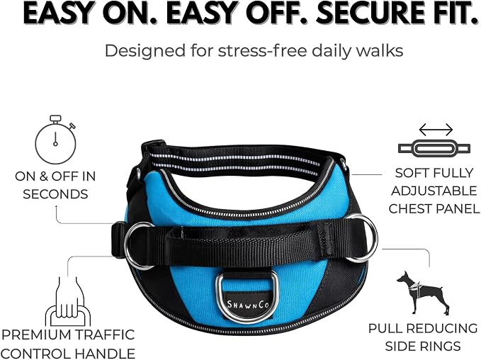 ShawnCo Essential Dog Harness, No-Pull Pet Vest (Oceanic Blue,L) | 3 Leash Clips, Easy On, No-Choke, Reflective, Adjustable Fit, Padded Comfort, Control Handle, For Small, Medium & Large Dogs