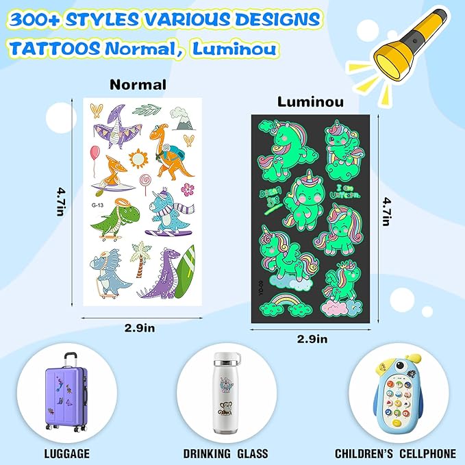 300pcs (30 Sheets) Glow-in-the-Dark Temporary Tattoos for Kids - Unicorn, Dinosaur, Mermaid, Fairy, Animals ＆ Butterfly - Temporary Tattoos for Boy ＆ Girls, Party Favors