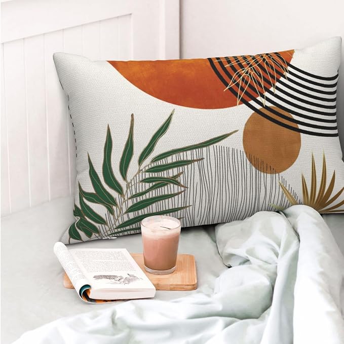 Boho Pillow Covers 12x20 Set of 2 Green Gold Orange Throw Pillows Tropical Leaves Sunset Modern Mid Century Decorative Pillowcase Outdoor Bohemian Linen Cushion Case for Couch Sofa Bed Decor