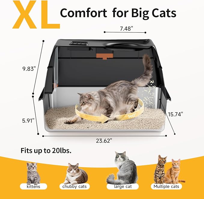 XL Enclosed Stainless Steel Litter Box with Lid, Black | covered, High Sided, Rustproof & Leak Proof, Easy Clean, Odor Control, Includes Scoop & Step & Mat