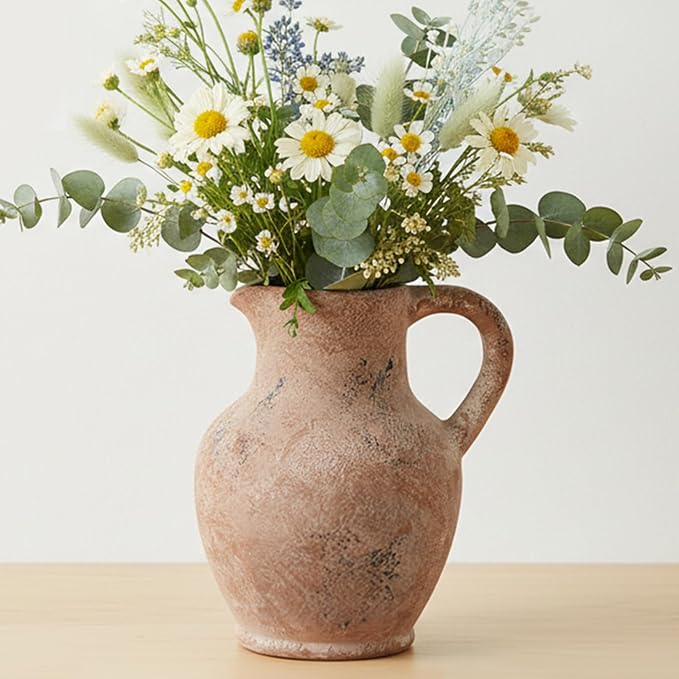 Kanwone Ceramic Flower Vase with Handle, Farmhouse Rustic Decorative Terracotta Vase for Home Decor, Centerpiece, Living Room, Kitchen, Table, Dining Room, Retro