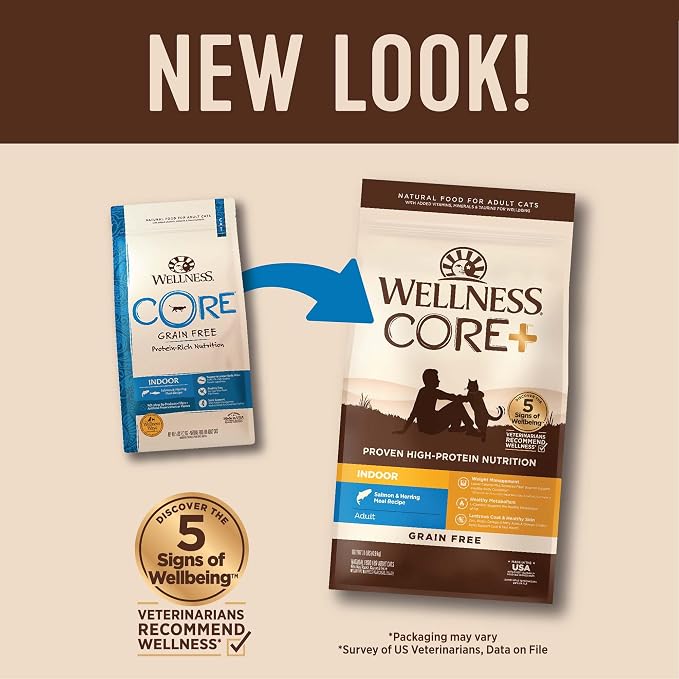 Wellness CORE+ Adult Dry Cat Food for Indoor Cats, Natural, Grain Free Kibble, Salmon and Herring Meal Recipe, 11 lb Bag