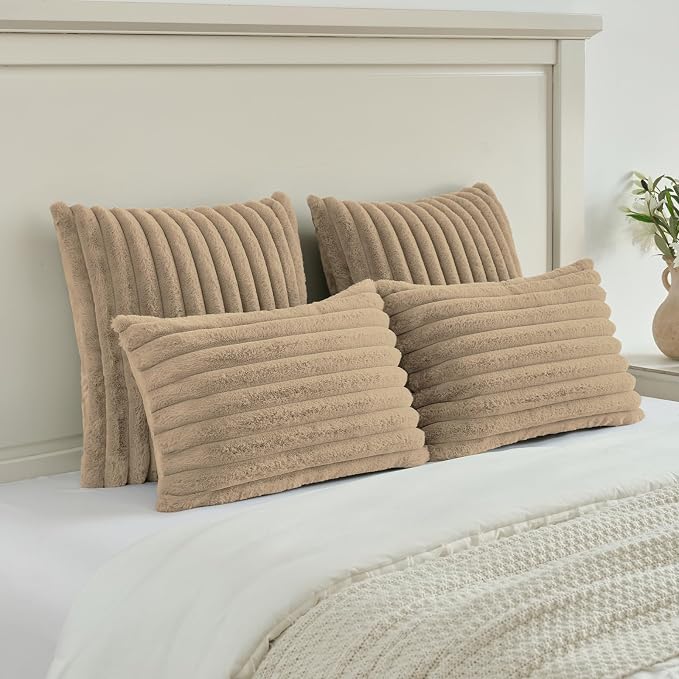FUTEI Pack of 2 Faux Fur Throw Pillow Covers 18x18 Inch, Khaki | Fluffy Faux Rabbit Fur Front/Premium Velvet Back,Hidden Zipper,Machine Washable,Non-Shedding,Colorfast,Insert Not Included.
