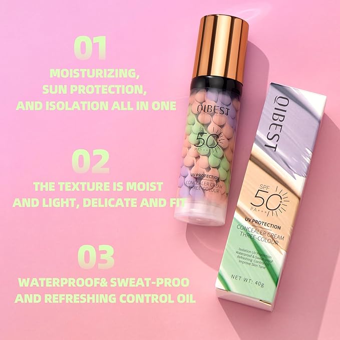 SPF 50 Color Correcting Sunscreen Face Primer, 3 in 1 Three-Colour Color Corrector & Hydrating Concealer Cream, Lightweight Oil-Free, Conceals Dark Circles, Acne Scars, Redness for Radiant Skin