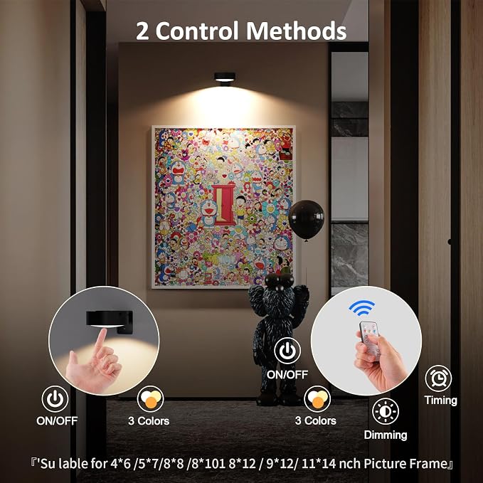 Tututry 3-Pack Battery Operated Picture Light, Magnetic Painting Light with Remote, Dimmable Timer & 3 Modes, Art Display Light for Wall Art, Picture Frame, Portrait, Canvas Decor (Black)