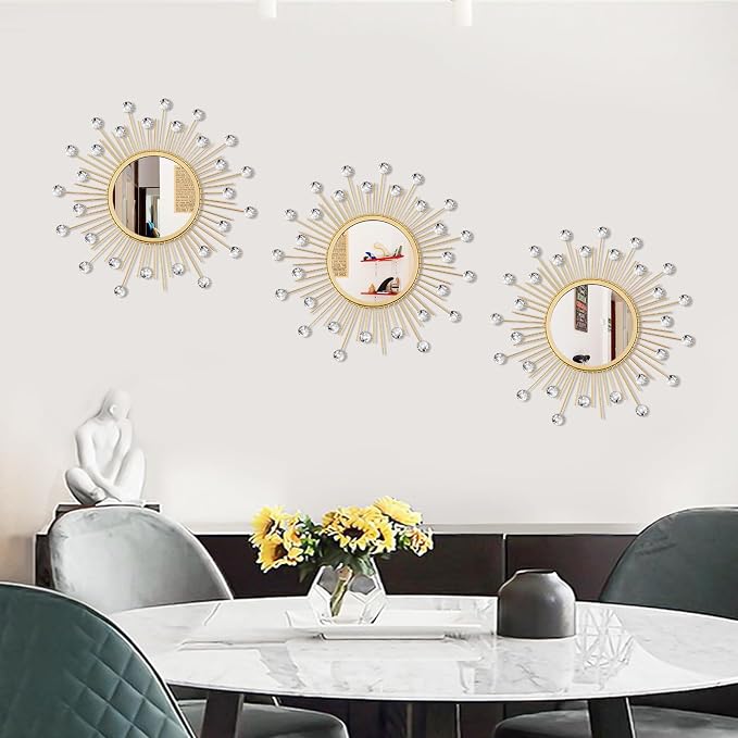 3 Pack Metal Mirrors for Wall Sunburst Wall Mirrors Home Décor Decorative Hanging Wall Art for Living Room Bedroom Entryway (Gold Crystal, Sunburst)