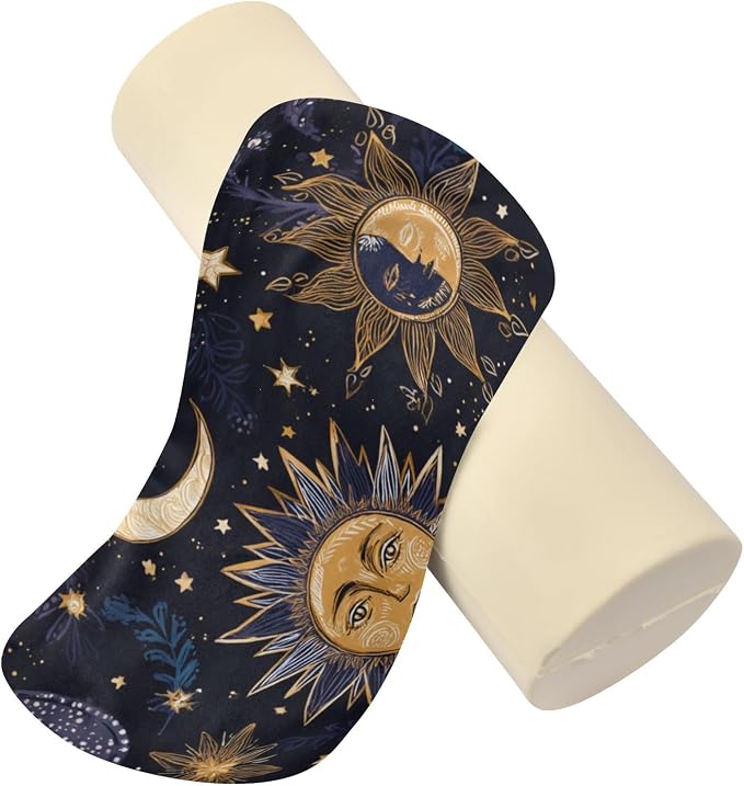 Purple Boho Sun Moon Neck Roll Pillow Bolster Round Health Memory Foam Long Cervical Cylinder Pillows with Removable Washable Cover for Body Bed Legs Back Yoga