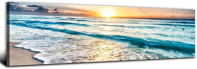 Sunrise Ocean Beach Canvas Wall Art Coastal Room Decor Nature Pictures for Wall Nautical Bathroom Living Room, Sea Waves Landscape Painting Tropical Seascape Poster Prints Artwork Decorations 14x48”