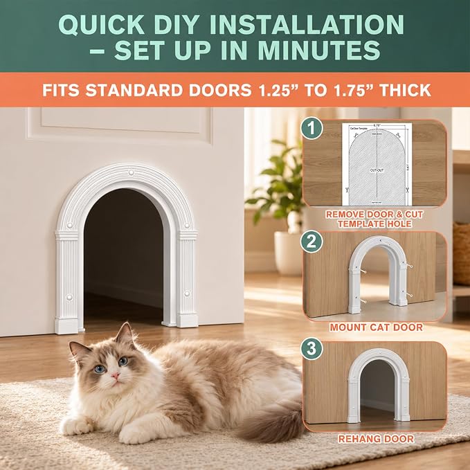 Cat Door Interior Doors Large - No-Flap, Fits Cats Up to 25 lbs