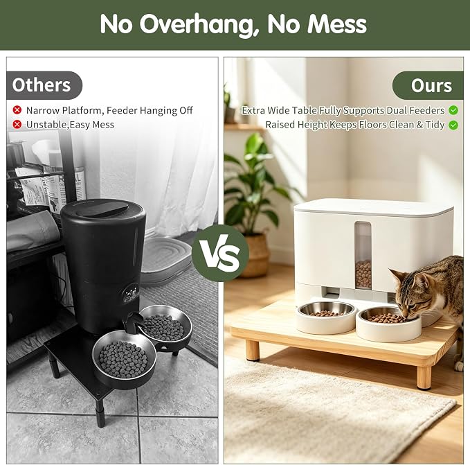 Extra Large Cat Food Stand, Wood Cat Feeder Stand 15.8 x 12.9 in | Cat Feeding Station, 2.56 in Raised Platform, Dual-Bowl Feeder & Water Dispenser Fit, Solid Wood, Tool-Free Assembly
