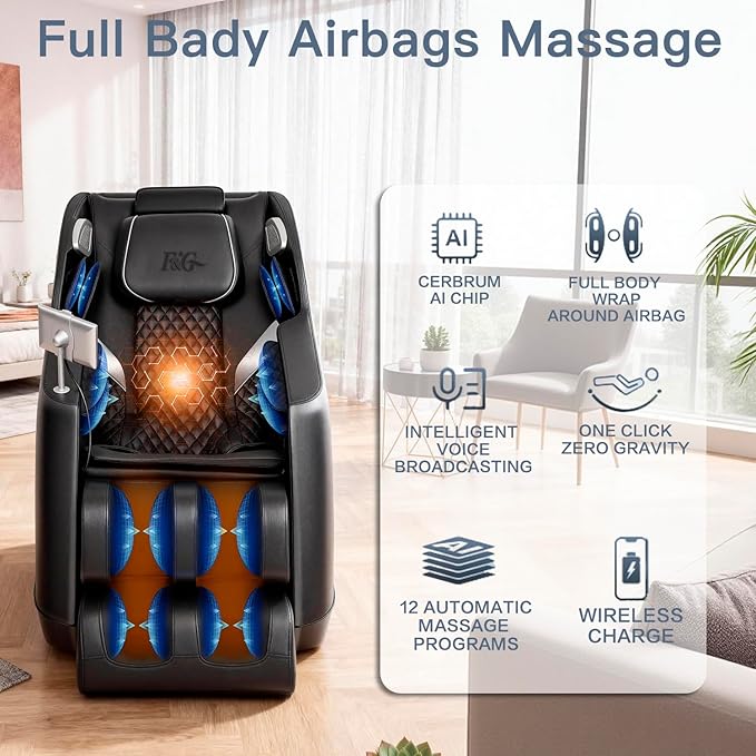 F&G Full Body Massage Chair with 8-Point Fixed Nodes,Zero Gravity Chair, Waist and Leg Heating,Bluetooth Music,LED Remote Control,Automatic Program,Adjustable Calves