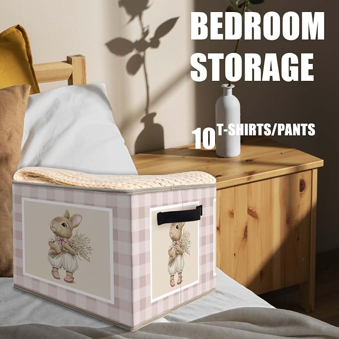 Bunny Nursery Storage Bins Basket, Toybox for Girls Room, Rustic Rabbit Neutral Checkered Collapsible Fabric Storage Box Organizer for Bedroom Bathroom Clothes Books Toys