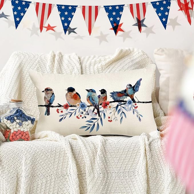 RABUSOFA 4th of July Memorial Day Patriotic Lumbar Throw Pillow Cover,12x20 Inch Red White and Blue Birds Flowers Independence Day American Fourth of July Decoration for Sofa Couch