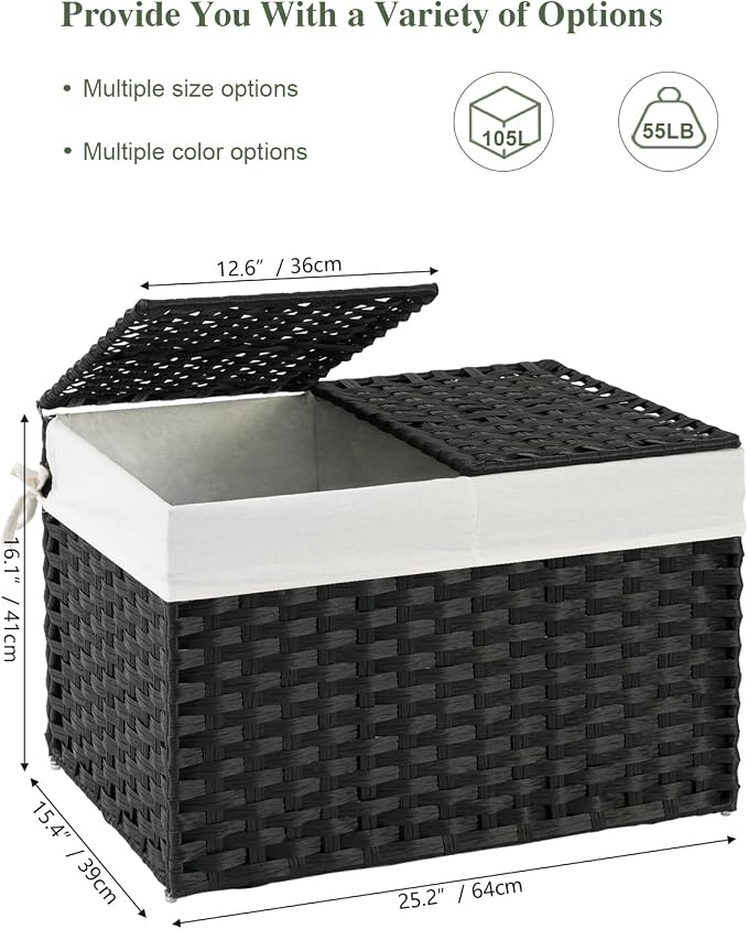 SETVSON Storage Basket with Lid PE Rattan Storage Basket 105L, Black | 27.8 Gallon Storage Bin with 2 Separate Lids, 2 Removable Liners for Clothes & Blankets, Sturdy Metal Frame, PE Rattan