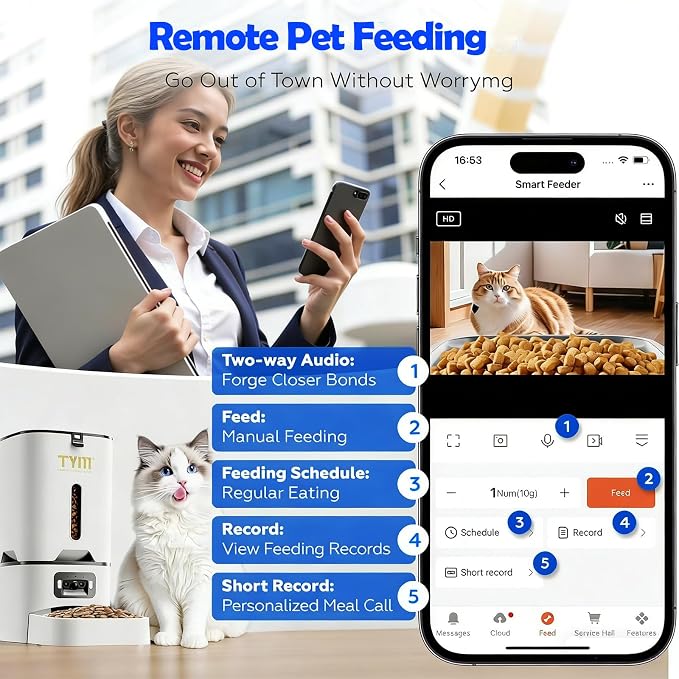 TYM Automatic Cat Feeder with 2 Camera for 2 Cats, 7L Large Food Dispenser | Multiple Cats Household | Timed Cat Feeder | Two-way Voice | Separation Anxiety | Weight / Diet Control | 5G WiFi APP Control