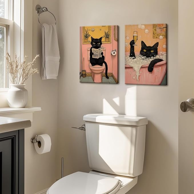 Funny Japanese Black Cat Bathroom Wall Art, Cute Japan Cat in Bathtub Wall Decor Paintings Funky Animal on Toilet Reading Newspaper Poster Canvas Prints Artwork 16x24 inch Framed