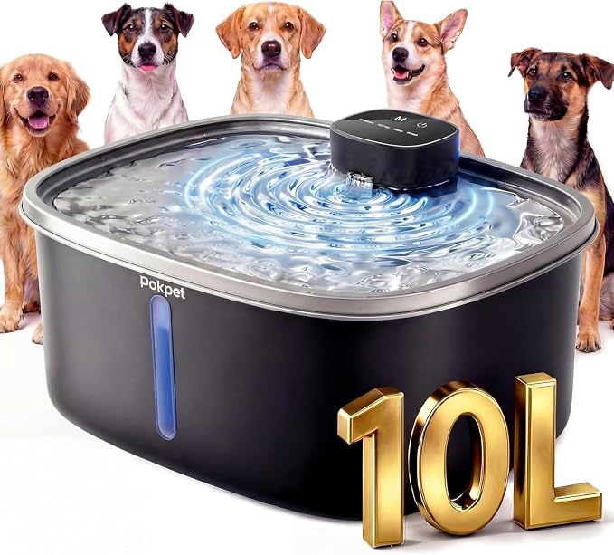 Cat Dog Water Fountain, Stainless Wireless Pet Water Bowl | 10L wireless dog water bowl for large dogs&cats, sensor flow, quiet , 4000mAh battery, 15-25 day runtime and 1 filter set