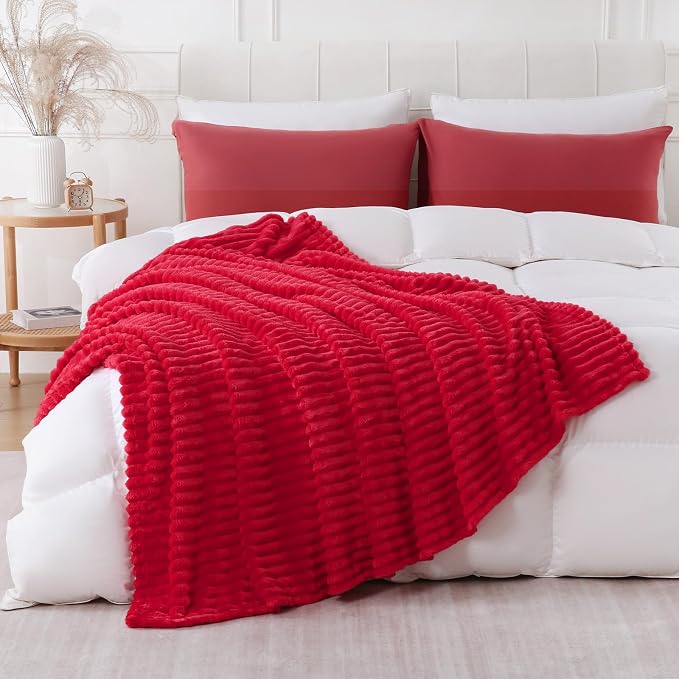 Cherry Red Throw Blanket for Couch Sofa 60x80 inches Striped Design | Fleece Blankets Room Home Decor Lightweight Plush Soft Cozy Gifts for Women Mom