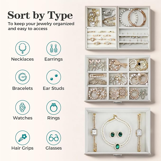 Jewelry Organizer Box, Large Jewelry Boxes for Women Girls, Space-Saving 3 Layers Jewelry Storage Case with Drawer, Movable Metal Stand, Modern, Gift Idea (Champagne)
