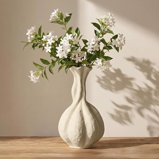 DOWAN 10 Inch Ceramic Vase for Flowers, Tall Warm White Decorative Vase with Narrow Neck, Modern Sculptural Flower Vase for Table, Entryway and Mantel Decor