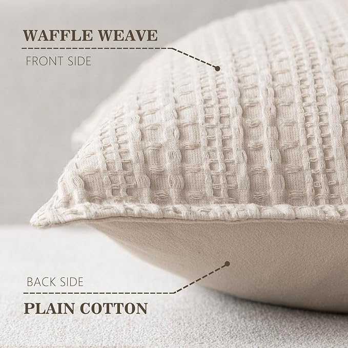 Foindtower Set of 2 Decorative Cotton Waffle Weave Lumbar Throw Pillow Covers Euro Shams Cushion Covers Accent European Pillowcase for Bed Couch Sofa Bedroom Living Room Home Decor 12×20 Inch Oatmeal
