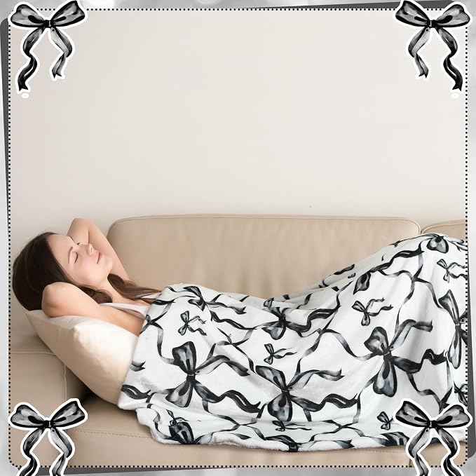 Black Bow Throw Blanket 50"x60" Soft Flannel for Girls Women | Coquette Aesthetic Decor with Ruffled Edges, Ultra Plush Bed Sofa Blanket, Preppy Gift for Teens, Back to School Dorm Room