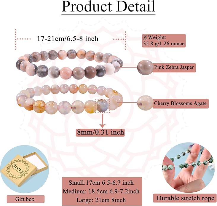 Bivei Natural Gemstone Semi Precious Healing Crystals Handmade Stretchy Round Beads Bracelet,Stocking Stuffers for Women Enhance Positive Energy