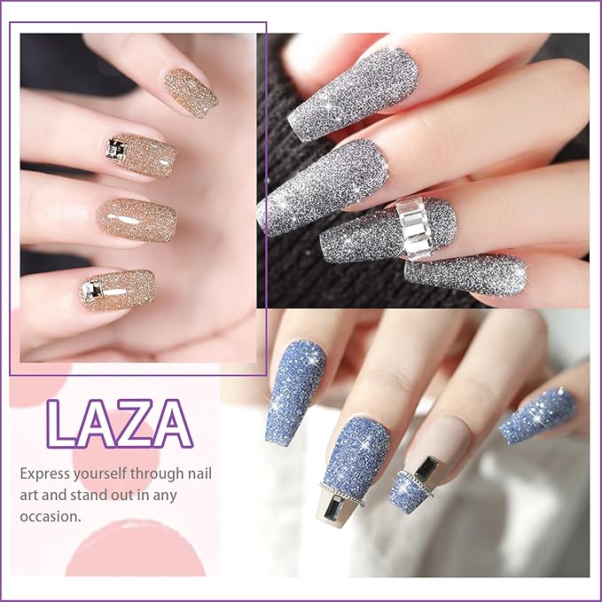 Laza 8 Colors Korea Diamond Nail Powder Sparkling Crystal Glitter Holographic Nail Glitter Dust Laser Silver Mirror Effect Bright Shining Flakes for Acrylic Nails Polish Nail Art DIY Decoration