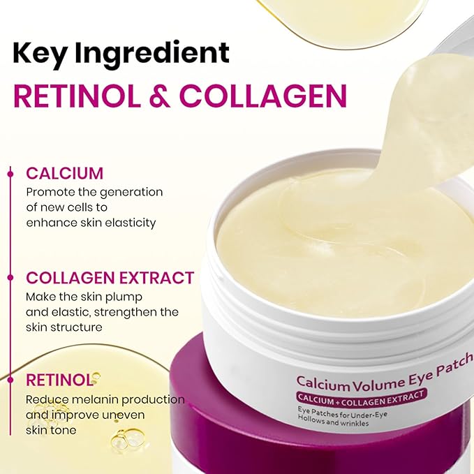 Calcium Volume Eye Patches, 30 Pairs Korean Hydrogel Under Eye Masks, Dark Circle and Puffy Eyes Treatment, Hydrating Anti-Wrinkle Skincare