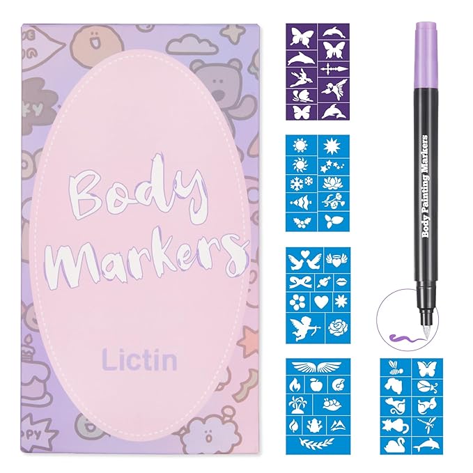 Lictin Temporary Tattoo Markers for Skin, 7 Colors Dual-End Skin Tattoo Pens with 50 Tattoo Stencils, Metallic Body Markers for Kids Teens and Adults, Flexible Brush Tip, Cosmetic-Grade