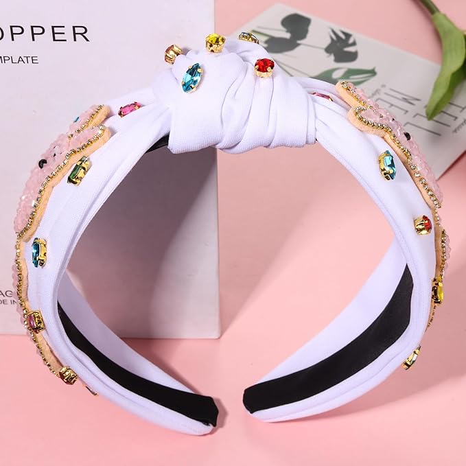 mokkia Easter Headbands Beaded Rabbit Bunny Headband for Women Pink Spring Knotted Headband Easter Hair Accessories Gifts
