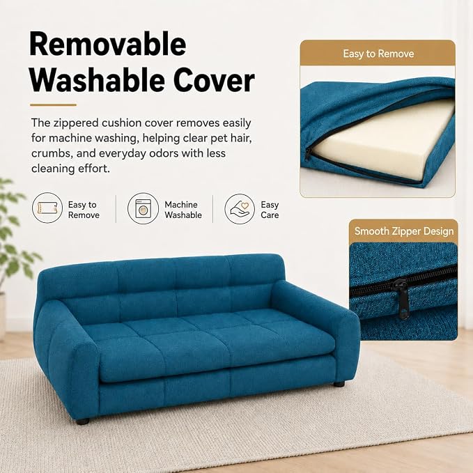 51"×28" Large Dog Sofa, for Large & Extra Large Dogs | Detachable Cushion | Reinforced Low Base|Non-Sagging |Breathable Linen Fabric | Soft Cushion | Armrest & Backrest | Blue